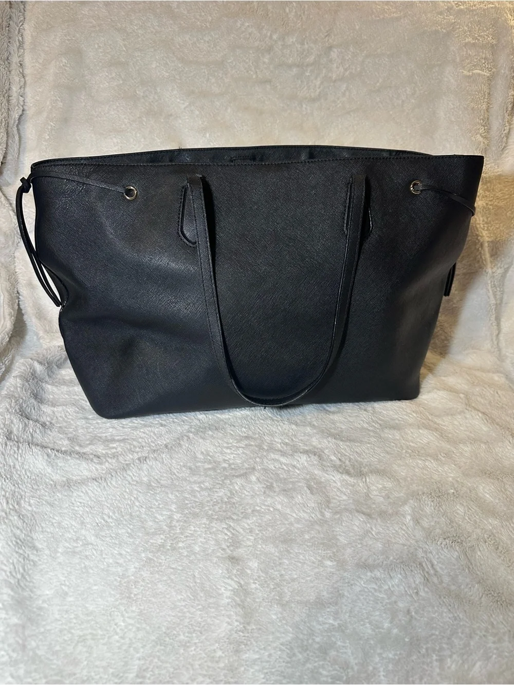 kate spade Black Leather Tote with Pink Scarf Accent